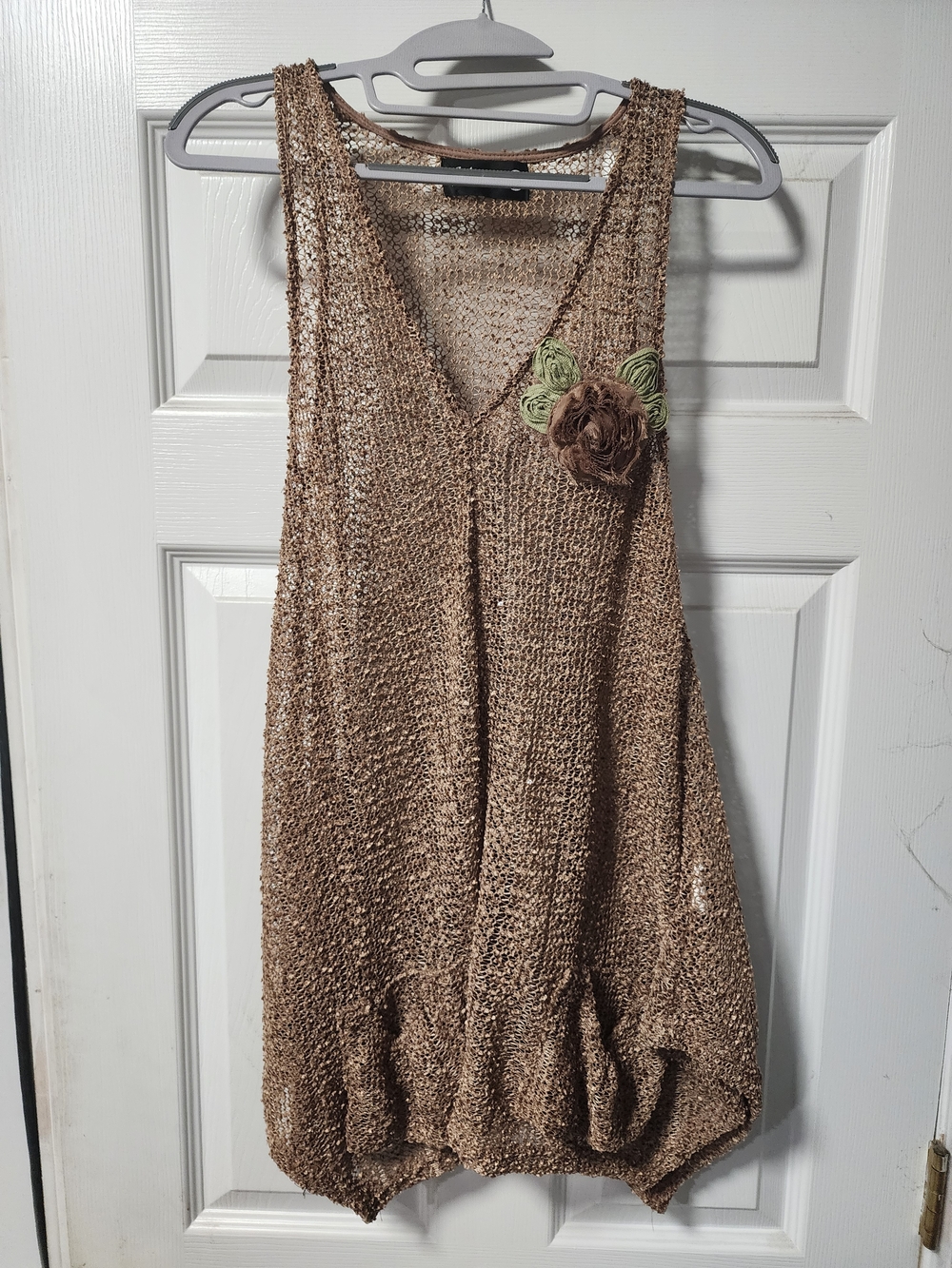 Adorn Bronze Open Knit Crochet Mesh Tunic Tank Rosette Detail S/M Cottagecore